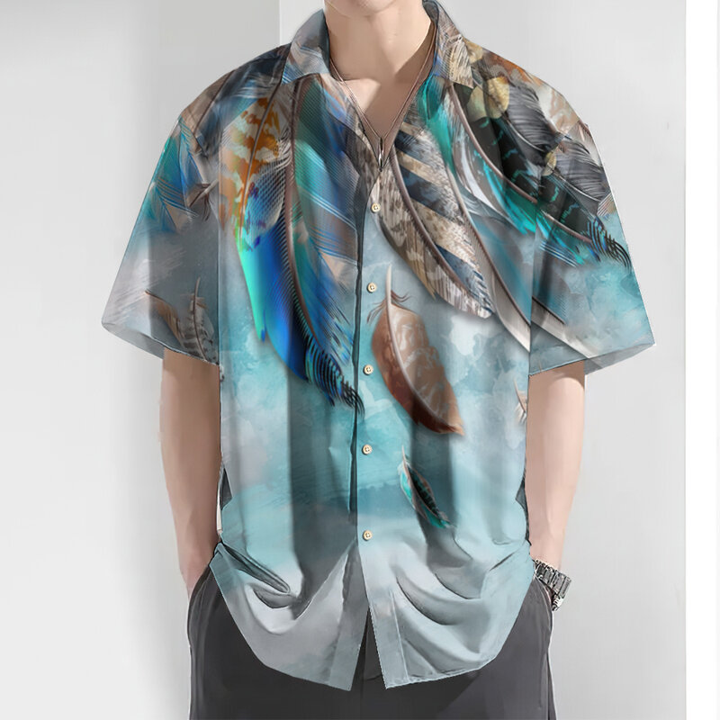 Camisa de manga curta masculina com estampa pluma 3D, top casual diário de lapela, camisas havaianas grandes soltas, roupas de luxo