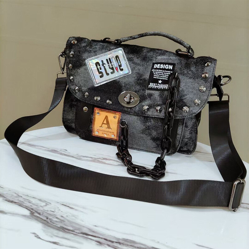 السيدات رسول حقيبة الأوروبية الأمريكية الرجعية الدنيم حقائب كروسبودي العصرية شخصية برشام الكتف محفظة سلسلة الموضة حقيبة يد