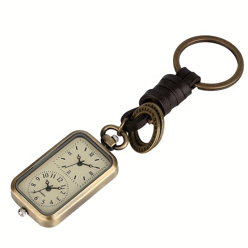 Vintage Bronze Quartz Movement Square Double Timing Core Keychain Pocket Watch, Ideal choice for Gifts