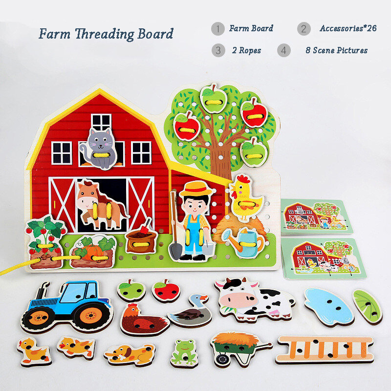 Juguete Montessori de madera para niños, juego de mesa de roscado de fuego de granja, Motor fino, entrenamiento divertido, cuerda de bebé, juguetes educativos con cuentas