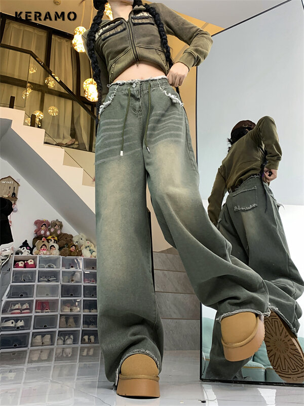 Damen American Street Kordel zug Design grüne Jeans lässigen Stil hoch taillierte Grat kante Hose weibliche Jeans hose mit weitem Bein