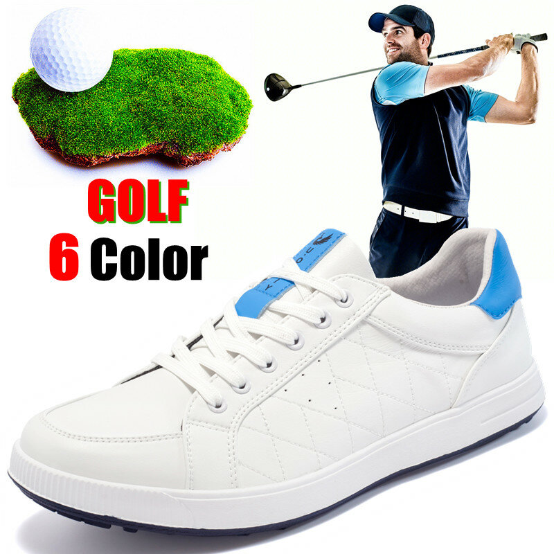 Sepatu Golf Pria Baru 6 Warna Sepatu Latihan Anti-selip Tahan Air Bersirkulasi Kulit Sepatu Olahraga Biru Putih