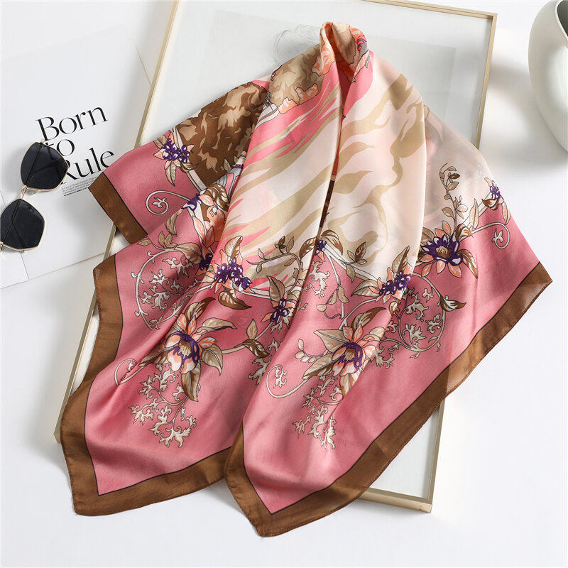 90cm Women Luxury Silk Square Scarf  Print Satin Shawl Wrap Female Neck Tie Hair Band  Foulard Bandana Headkerchief 2022