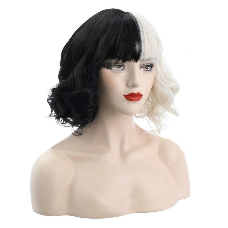 Black White Short Bob Half Black Small Short Curly Cos Wig Cosplay Halloween Costume Party Wig Cruella Hairpiece For Women