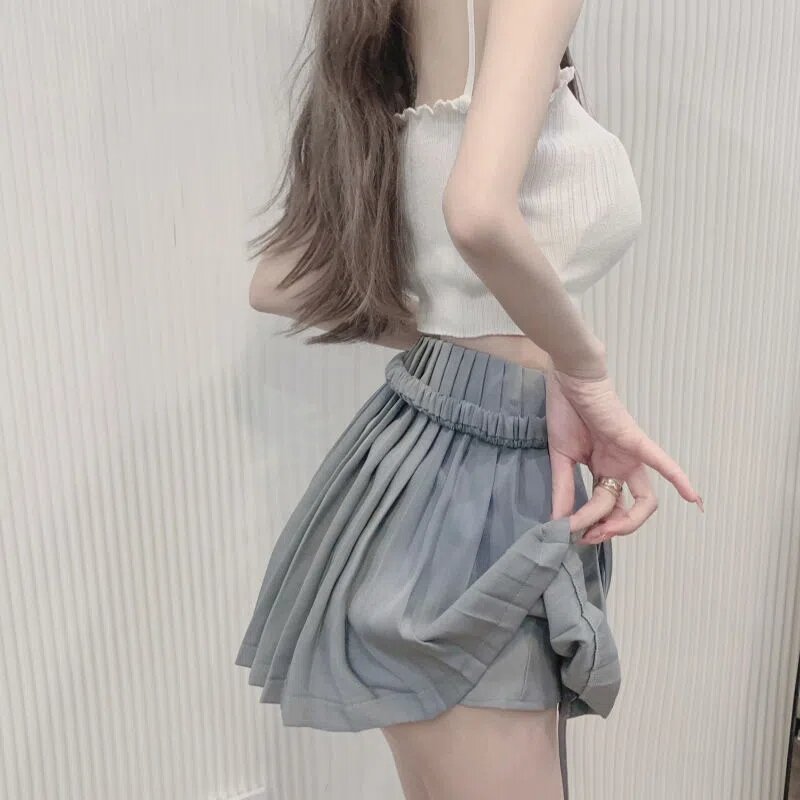 HOUZHOU-minifalda plisada de retazos para mujer, minifalda Sexy asimétrica con cremallera dividida, Vintage, con cordones, color liso
