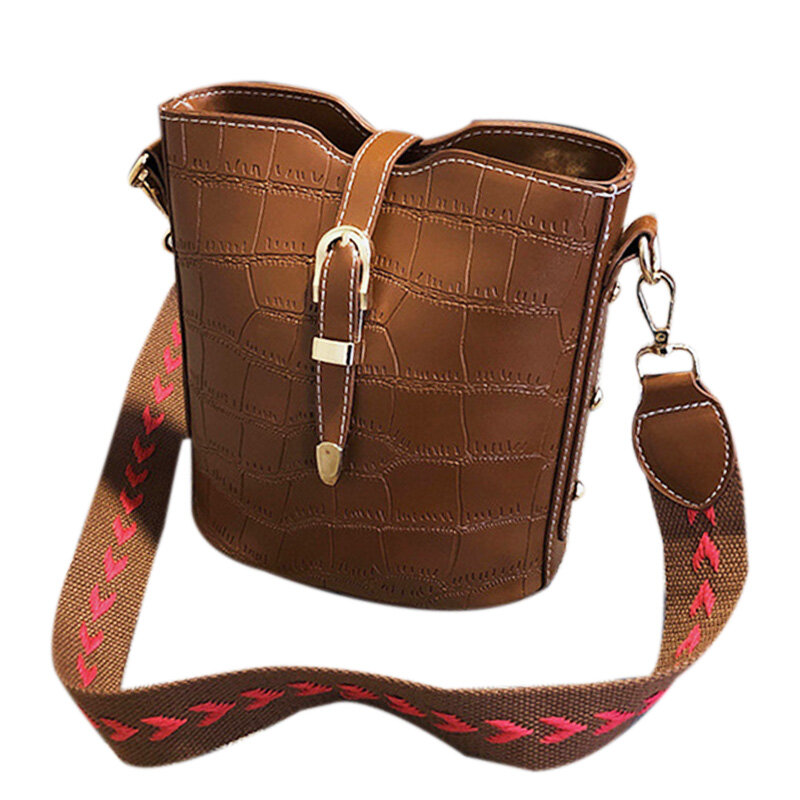 NEW-Crocodile Pattern PU Leather Bucket Bag Ladies Shoulder Messenger Bag Woven Leather Two Belt Ladies Handbag Purse