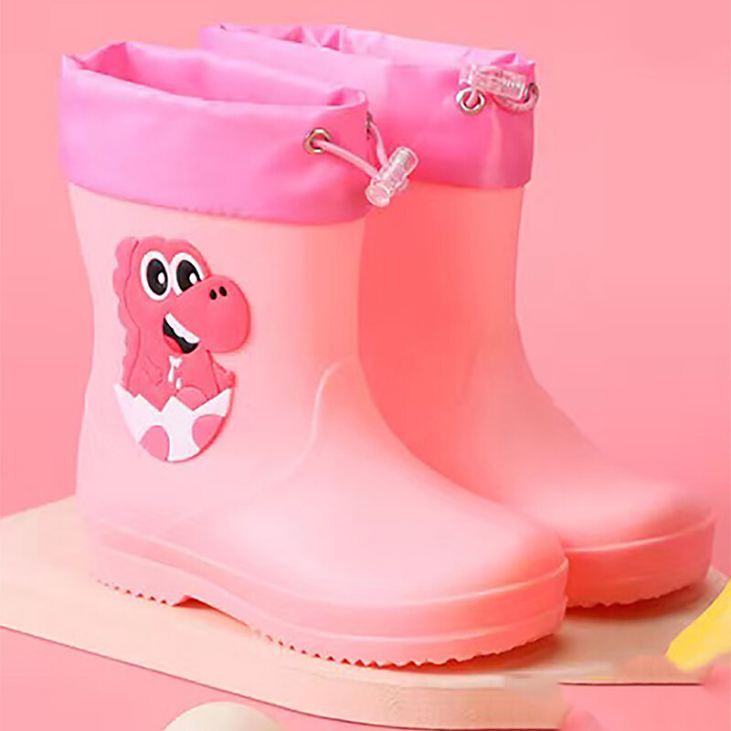 Sepatu bot hujan anak perempuan, sepatu bot hujan anti licin tali pengencang kartun dinosaurus lucu tahan air untuk bayi perempuan