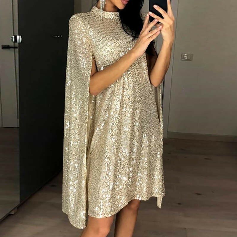 Women's Stand-up Collar Sequin Prom Dresses Loose Wear High Quailty Female Clothes 2024 New Sparkly Fashion Birthday Party Dress