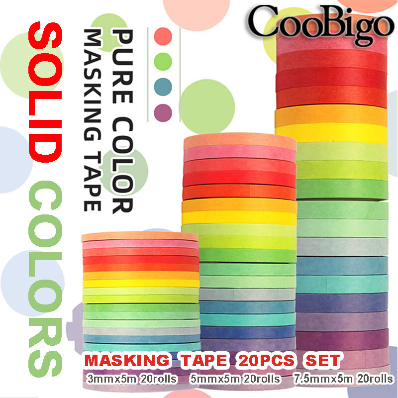 20 Rolls Set Solid Slim Washi Tape Rainbow Adhesive Masking Tape for Scrapbooking DIY Stationary Christmas Gift Decoration