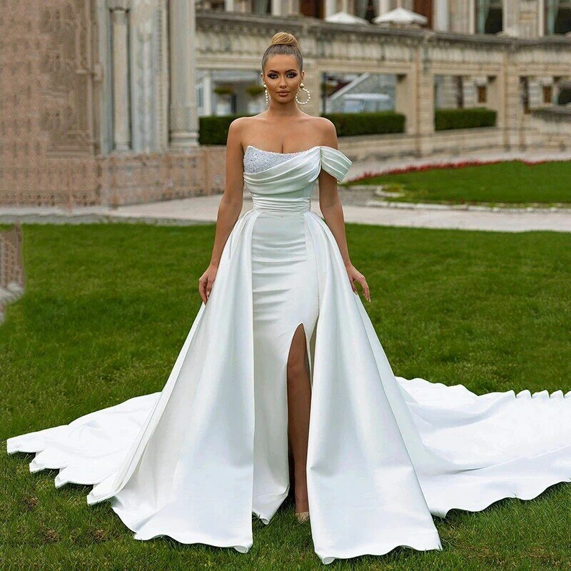 Gaun pengantin berlipat wanita Satin cantik gaun pengantin putri duyung seksi bahu terbuka tanpa lengan gaun pernikahan Formal pesta pantai 2023
