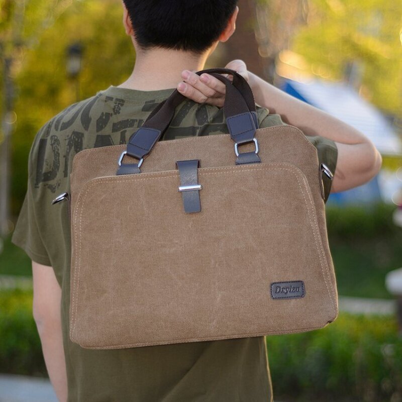 Tas koper pria Vintage, tas tangan kanvas pria kapasitas besar, tas kurir bahu pria, tas bisnis Laptop 13"