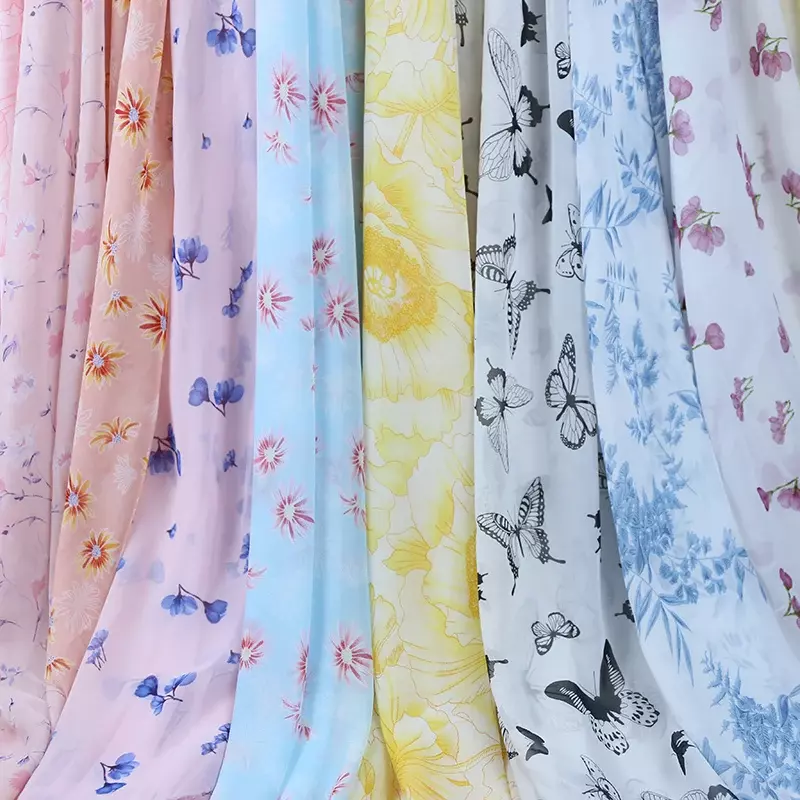 75D Printed Chiffon Fabric By The Meter for Dresses Skirts Clothing Shirts Diy Sewing Floral Flowers Summer Cloth Soft Thin Blue