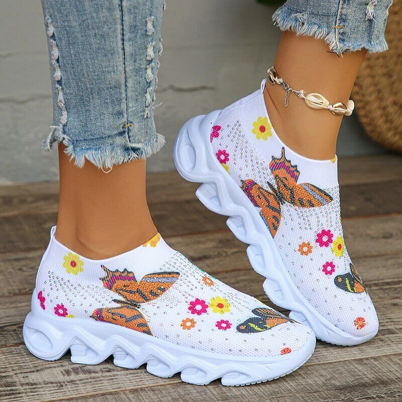 Butterfly Print White Sneakers Women 2024 Autumn Shiny Crystal Breathable Knitted Casual Shoes Woman Plus Size 43 Flat Shoes