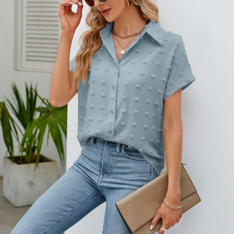 Women White Button Down Shirt Dressy Casual Work Tops Chiffon Blouse Summer Short Sleeve Shirts Casual Lace Blouse Top