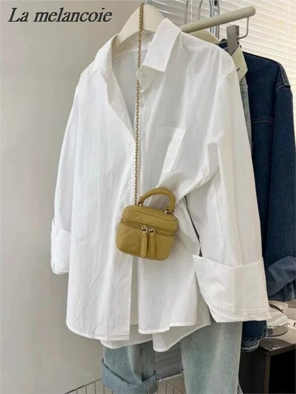 Camisa de manga comprida de botão para mulher, camisa larga, blusas 100% algodão, moda feminina do escritório, casual, novo, primavera, verão, 2022