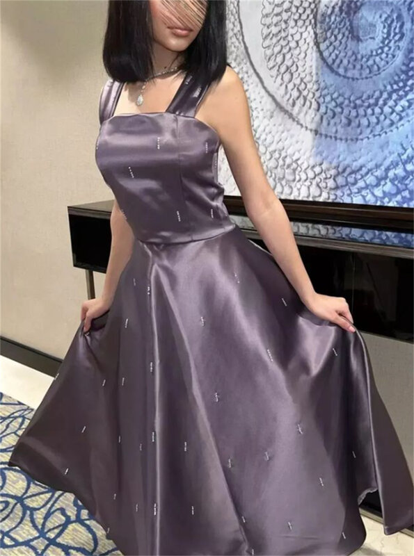 심플한 스파게티 A 라인 파티 보우 드레이프 새틴, 이브닝 가운, 댄스 파티 드레스, 2024