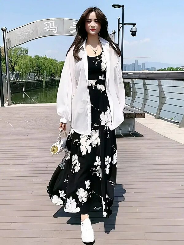 Женское платье с открытой спиной, платье средней длины на бретелях с принтом в Корейском стиле, весна-лето 2024