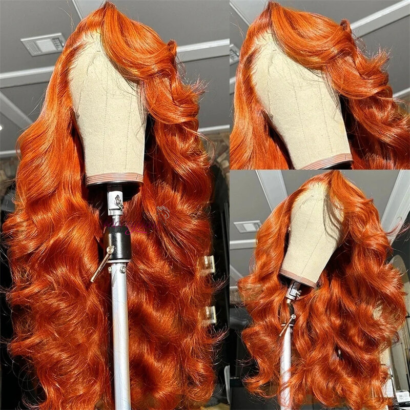 Pelucas frontales de encaje naranja jengibre, cabello humano prearrancado, onda corporal 13x4, peluca Frontal de encaje de Color jengibre