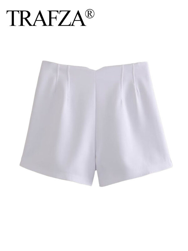 TRAFZA-pantalones cortos de cintura alta para mujer, Shorts blancos con bolsillos, botones decorativos y cremallera, moda de verano, 2024
