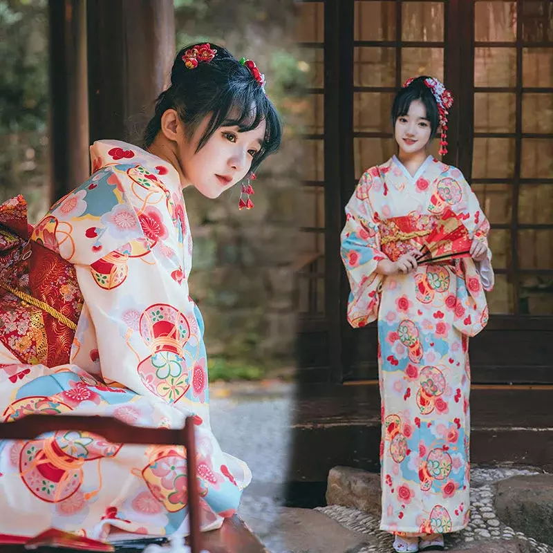 ชุดกิโมโนญี่ปุ่นแบบดั้งเดิมมีโอบีพิมพ์ลายดอกไม้ชุดเดรสโปร่งชุดผู้หญิงชุดกิโมโนเกอิชาฮาริยูกาตะ