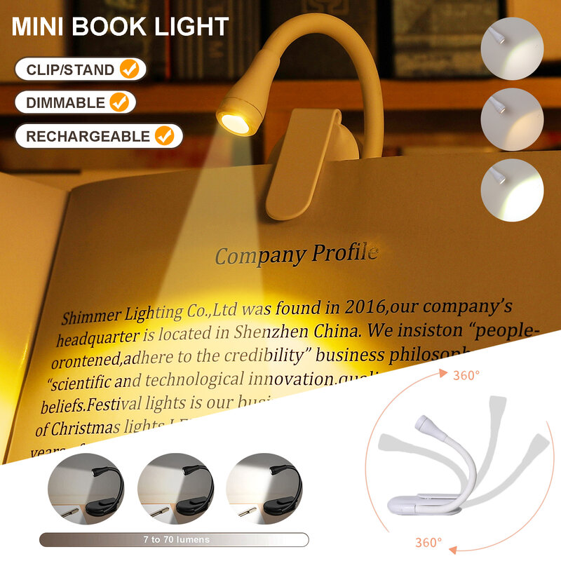 Luces LED portátiles para libros, recargable por USB Luz nocturna de protección ocular, Mini Lámpara de lectura de escritorio con Clip de 360 °, dormitorio de viaje, 1-2 piezas