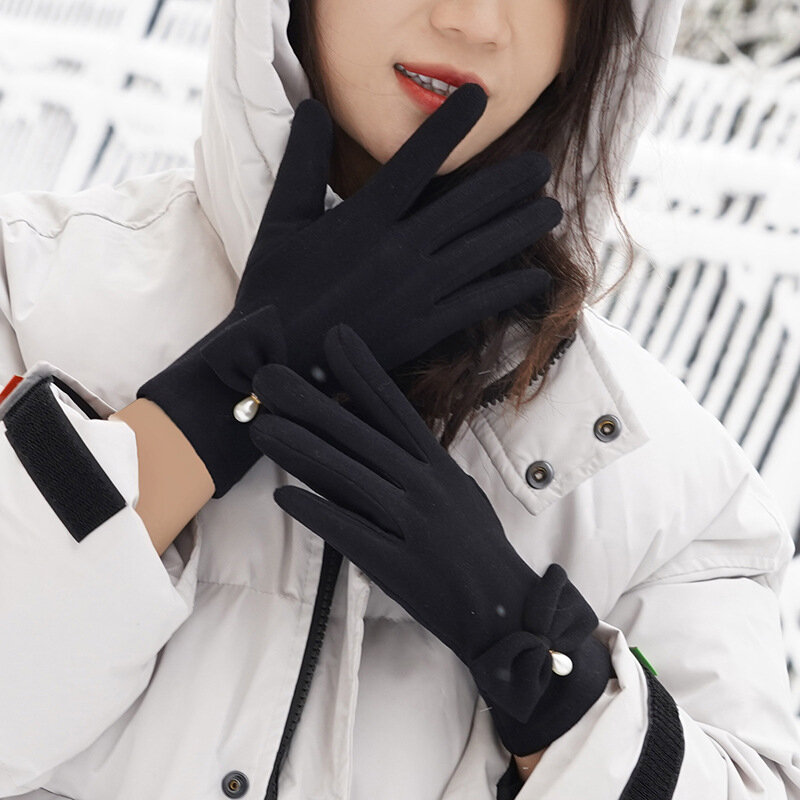 귀여운 활 장갑 겨울 청소년 학생 야외 사이클링 따뜻한 장갑 여성 레이디 터치 스크린 두꺼운 장갑 도매 G219