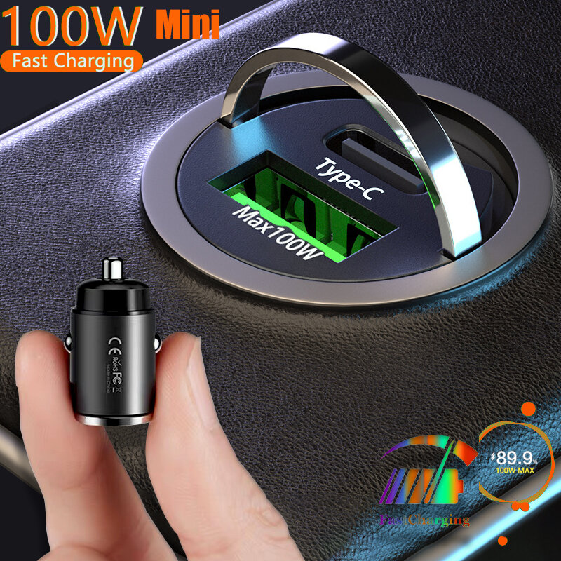 Mini 100W Car Charger Type C Dual USB Fast Charging For iphone 15 pro max Samsung Huawei Xiaomi Socket Cigarette Lighter Charger