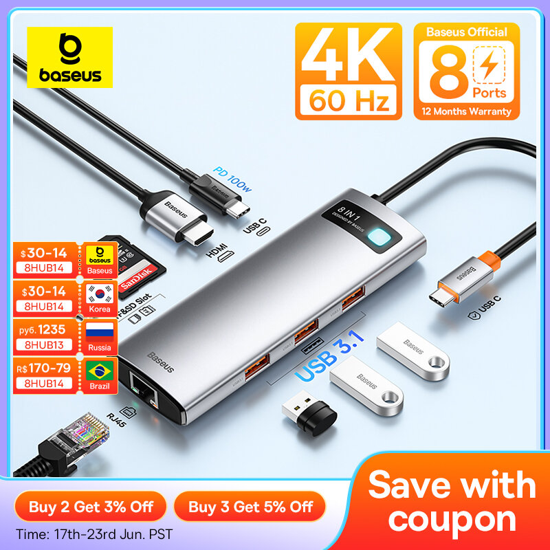 Baseus USB 허브 C타입-HDMI 호환 USB 3.1 허브 어댑터, 맥북 USB 허브용 TF SD 도킹 스테이션, 10Gbps RJ45 이더넷 포트
