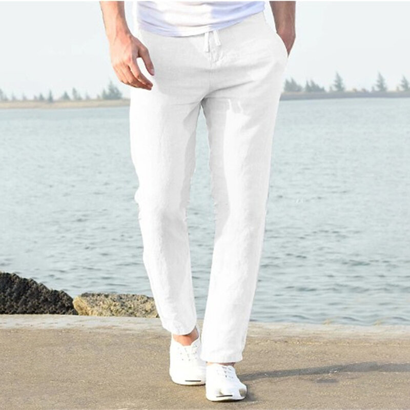 Celana Harem katun Linen musim panas pria, celana olahraga Retro kasual warna Solid, celana Harem kaki lurus serbaguna modis 2024