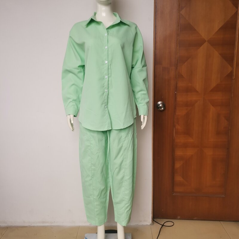 Conjunto de pantalones y blusas de botonadura única para mujer, chándal de dos piezas con bolsillos, cárdigan ajustado, color liso, 2024