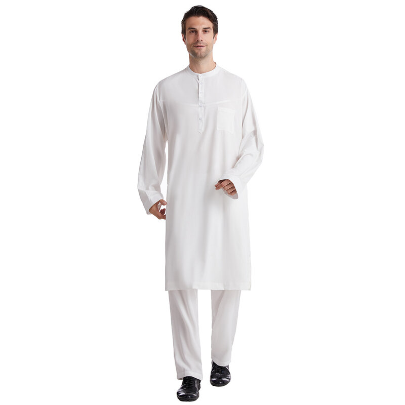 2 pz arabia saudita Mens Jubba Jubbah Omani Thobe Dress Dubai Abaya musulmano manica lunga top pantaloni Set Eid Ramadan abbigliamento islamico