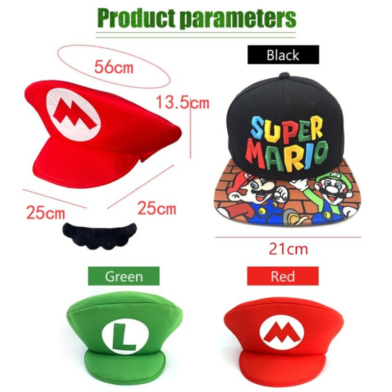 Super Mario Vermelho e Verde Cosplay Cap, Chapéus dos desenhos animados com bigode, Unisex Cos Props, Acessórios para festas