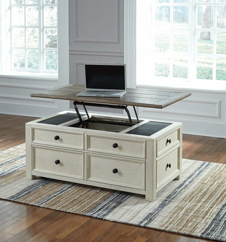 Design by Ashley Bolanburg Farmhouse Lift Top Coffee Table with Drawers, Antique Cream & Brown