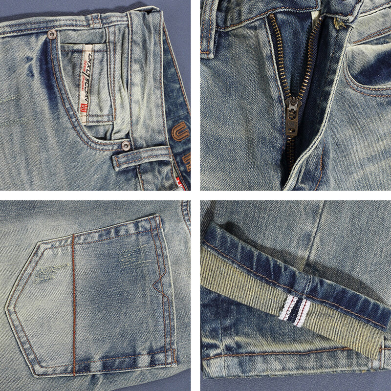 Jeans vintage rasgado masculino, de alta qualidade, retrô, lavado, azul, elástico, slim fit, jeans designer, estilo italiano, moda