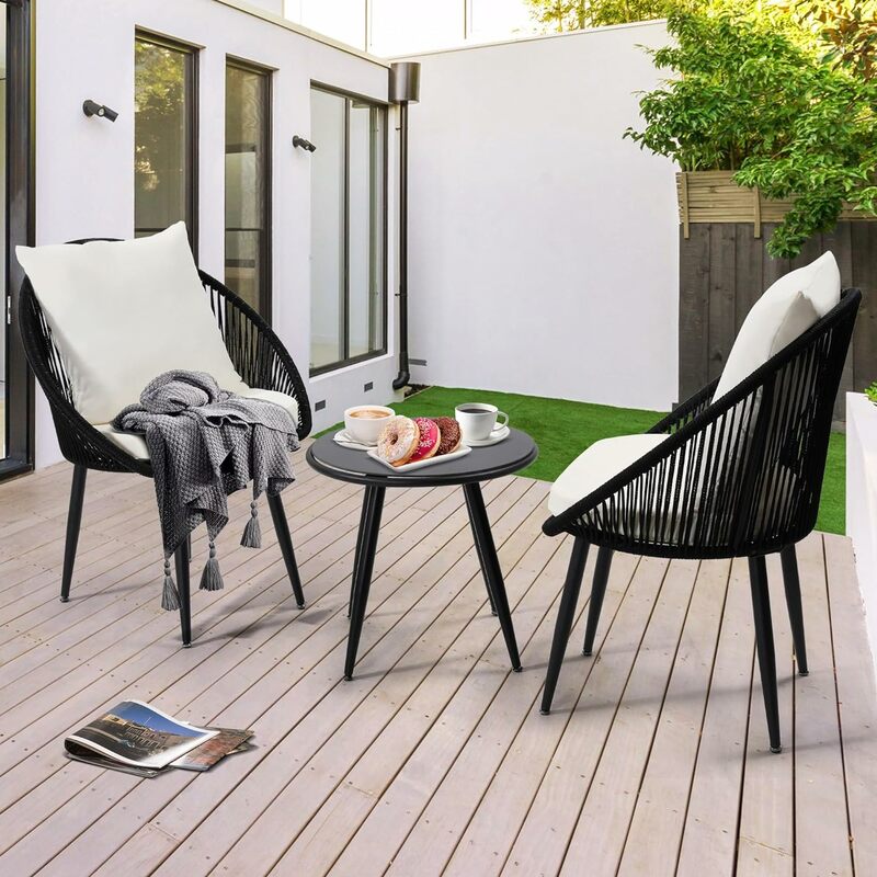 3 Pieces Bistro Set, Woven Rope Chair with Cushions, All Weather Patio Conversation Set and Side Table, Ideal for Deck