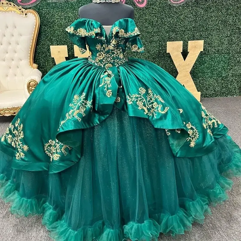 Precioso Vestido De baile verde esmeralda, quinceañera, apliques De satén, escalonados, fiesta De baile De cumpleaños, 15 Años