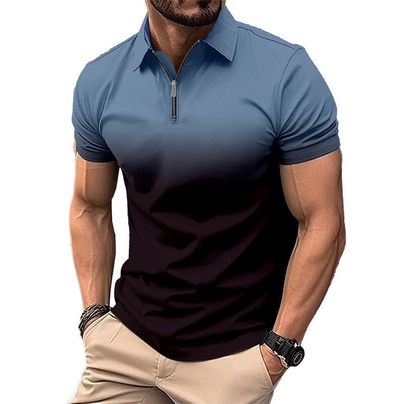 Durable T Shirt Top Zip-up Casual Loose Men Polyester Regular Shirt Short Sleeve Slight Stretch Daily Universal
