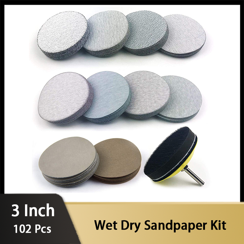 Kit de Lixa úmida e seca com interface pad e adaptador para madeira, metal automotivo, grãos sortidos, 60-10000, 3 ", 102 pcs