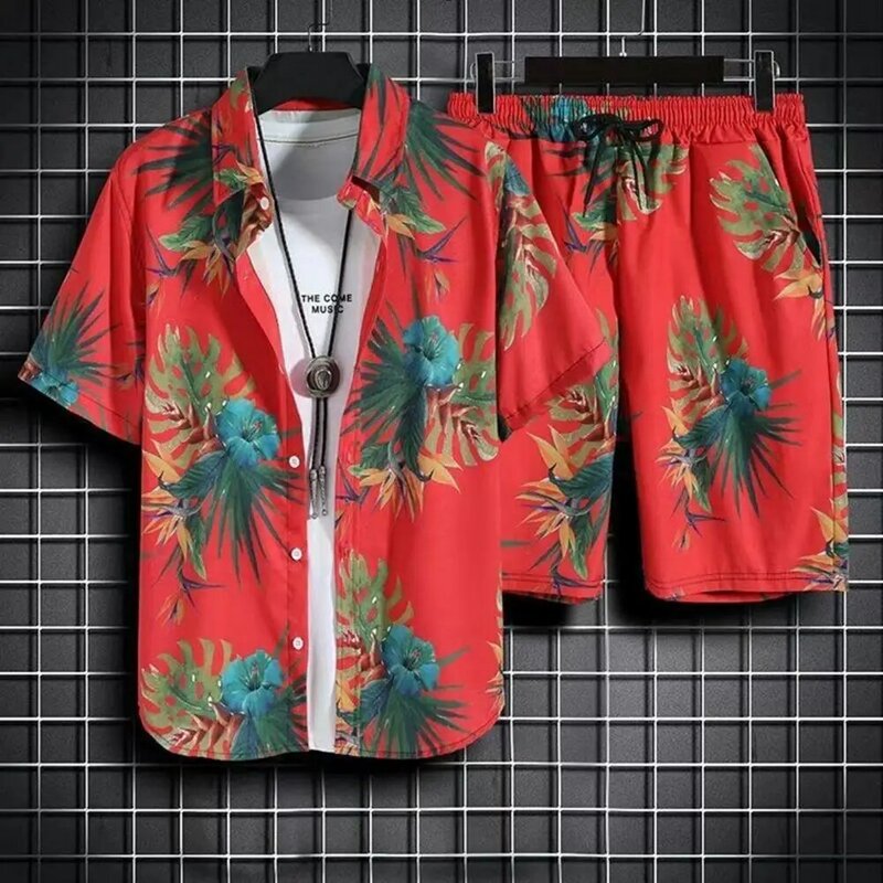 Pantaloncini camicia maschile Set foglie tropicali stampa pantaloncini camicia stile hawaiano Set con tasche elastiche in vita con coulisse 2 per uomo