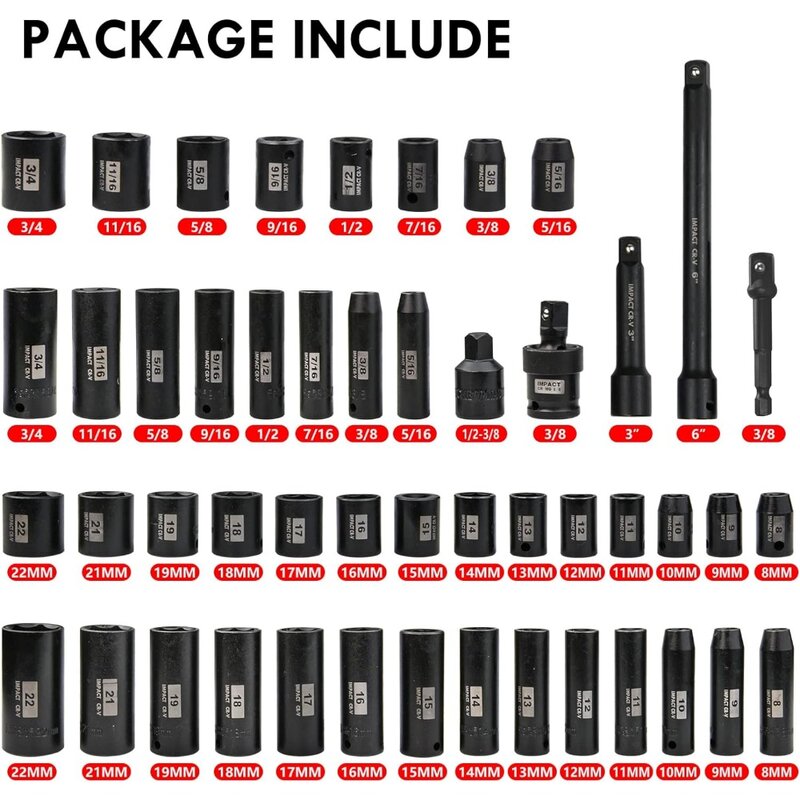CR-Vスチールドライブインパクトソケットセット、Saeメトリック、深さ、浅い、3/8 "、5/16"-3/4 "、8mm-22mm、6ポイント、49個