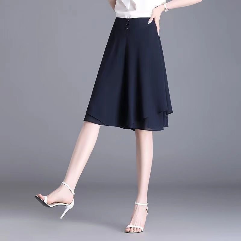 Calças de saia de chiffon de perna larga cintura alta feminina, casual e elegante, emagrecedora e versátil, verão, novo, 5 partes, 2024