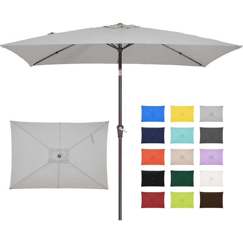 Payung pasar luar ruangan, payung teras persegi panjang 6.5x10 kaki dengan tombol tekan miring dan engkol, payung meja 6 rusuk kuat