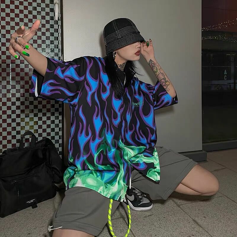 Blus Gaya Yamamoto Harajuku Jepang Pria Wanita Atasan Chic Streetwear Musim Panas Kaus Gambar Api Mode Atasan Hip Hop Tari