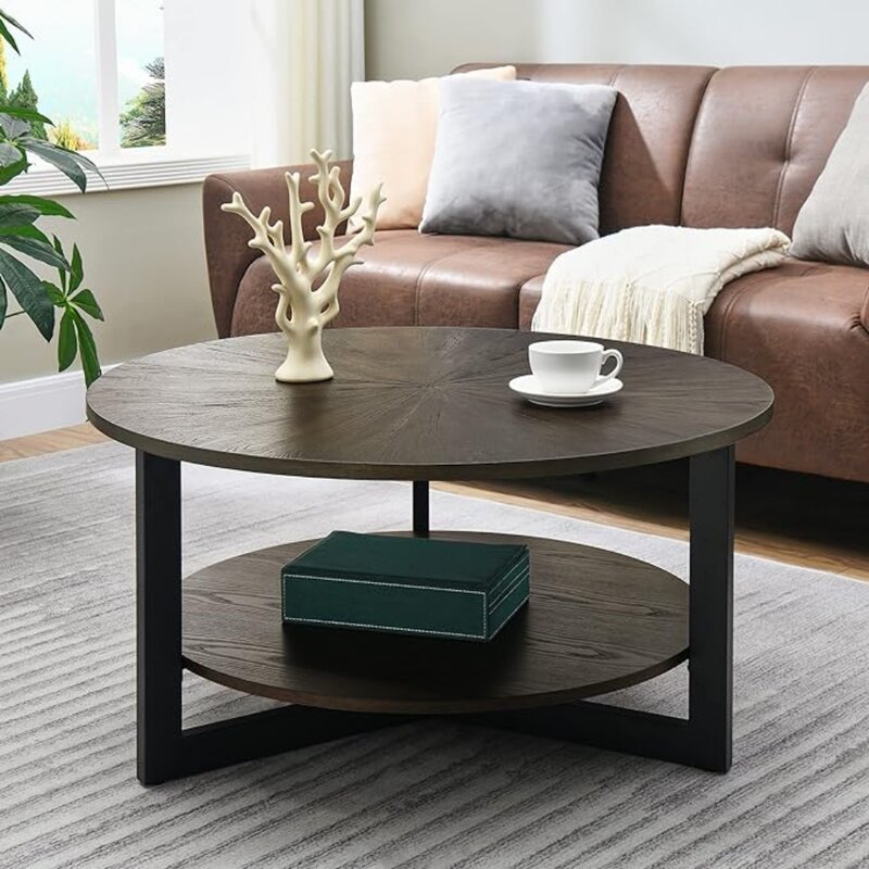 원형 원목 센터 티 테이블, 보관 선반, 금속 다리, 커피 테이블