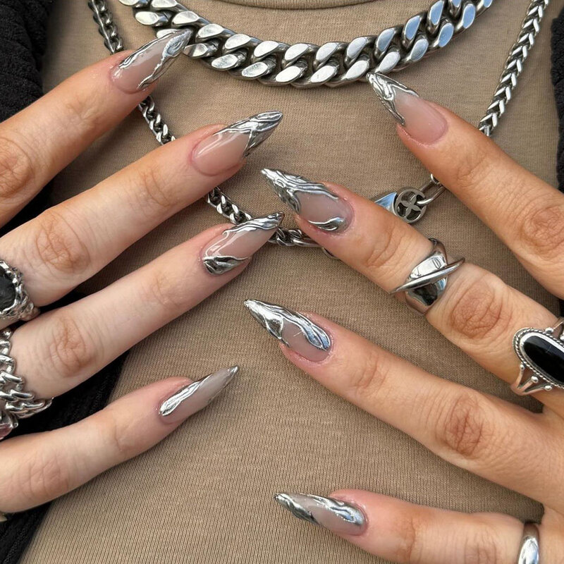 Тяжелый металлический подделки ногтей серебряный французский нажатие ногтей миндаль от износа подделки ногтей для девушек Y2K девушки ногтей 24Pcs