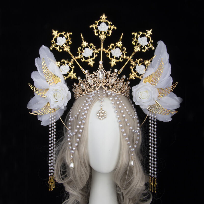 Lolita-Diadema de corona de Halo para el sol, cadena de cuentas con borla, alas de Ángel, rosa, diadema gótica Vintage, Tiara barroca María