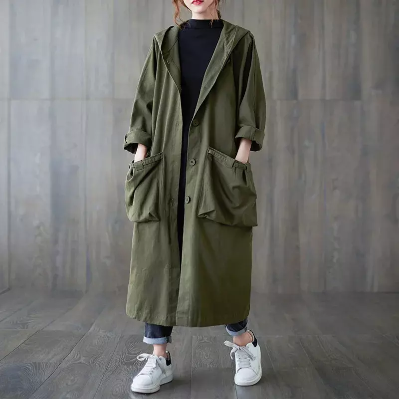 Mantel Trench wanita, jaket windbreaker Vintage bertudung bersaku longgar kasual musim semi dan gugur 2023