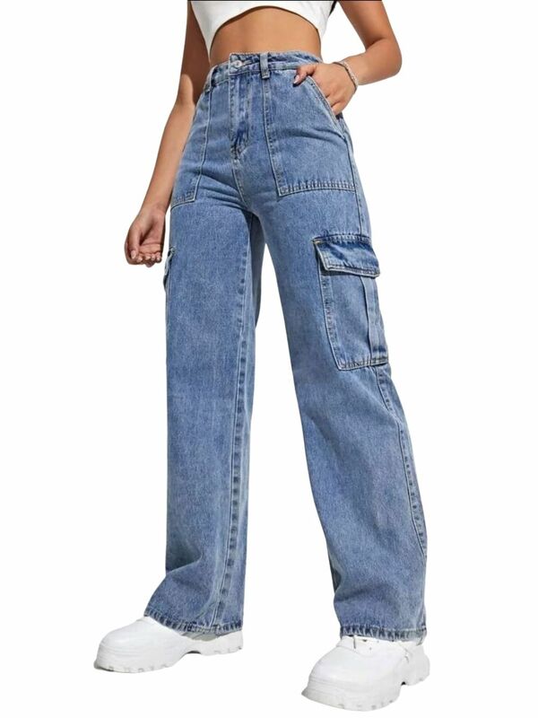 Calça de carga denim clássica para mulheres, perna reta, bolso alto, trabalho de harajuku tático, jeans designer, Y2K, 80 90