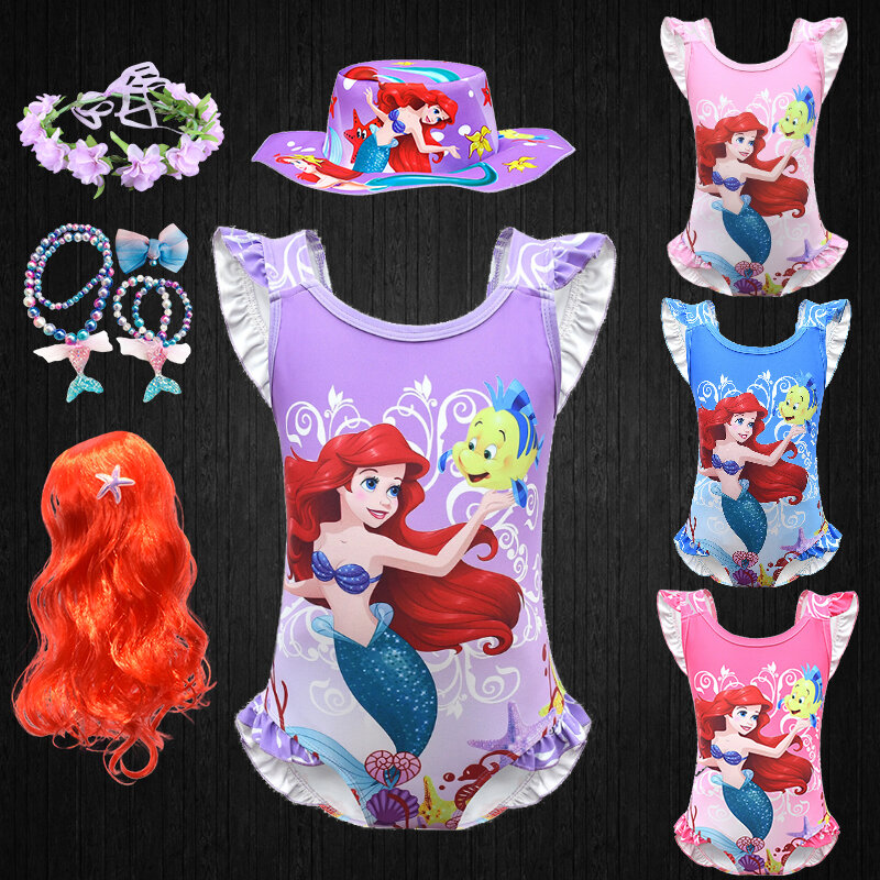 Bikini de una pieza para niñas, traje de baño de sirena con Espalda descubierta, estilo princesa con volantes, Ariel
