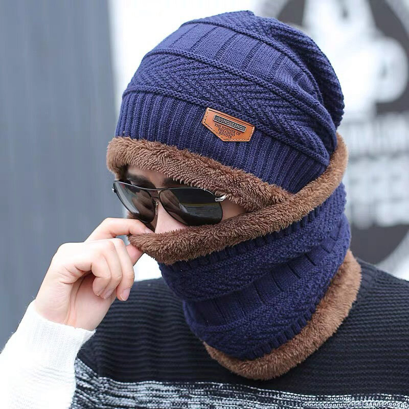 Velvet Coral Fleece Knit Hat e cachecol conjunto para homens, máscara grossa, boné, cachecóis, exterior, capa de pescoço, skullies, Gorros, mais, quente, inverno